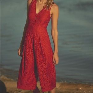 Anthropologie Red Lace Wide Leg Jumpsuit